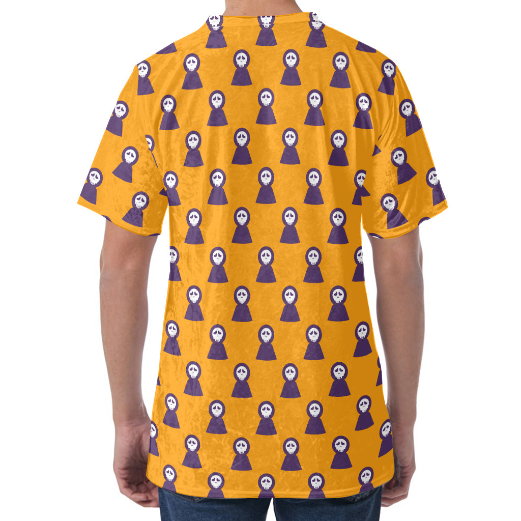 Halloween Grim Reaper Pattern Print Men's Velvet T-Shirt