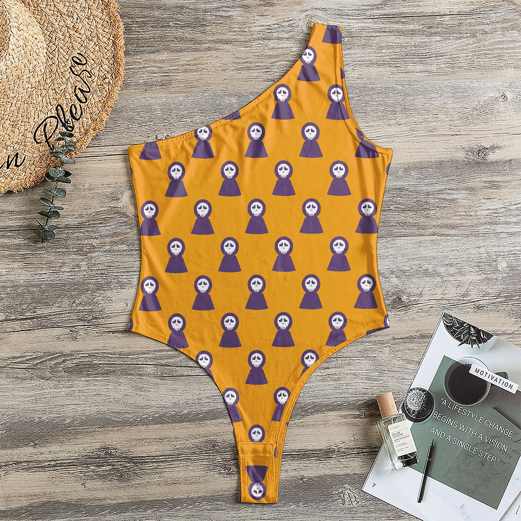 Halloween Grim Reaper Pattern Print One Shoulder Bodysuit