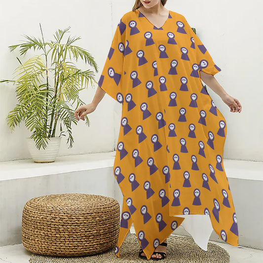 Halloween Grim Reaper Pattern Print Silk V-Neck Kaftan Dress