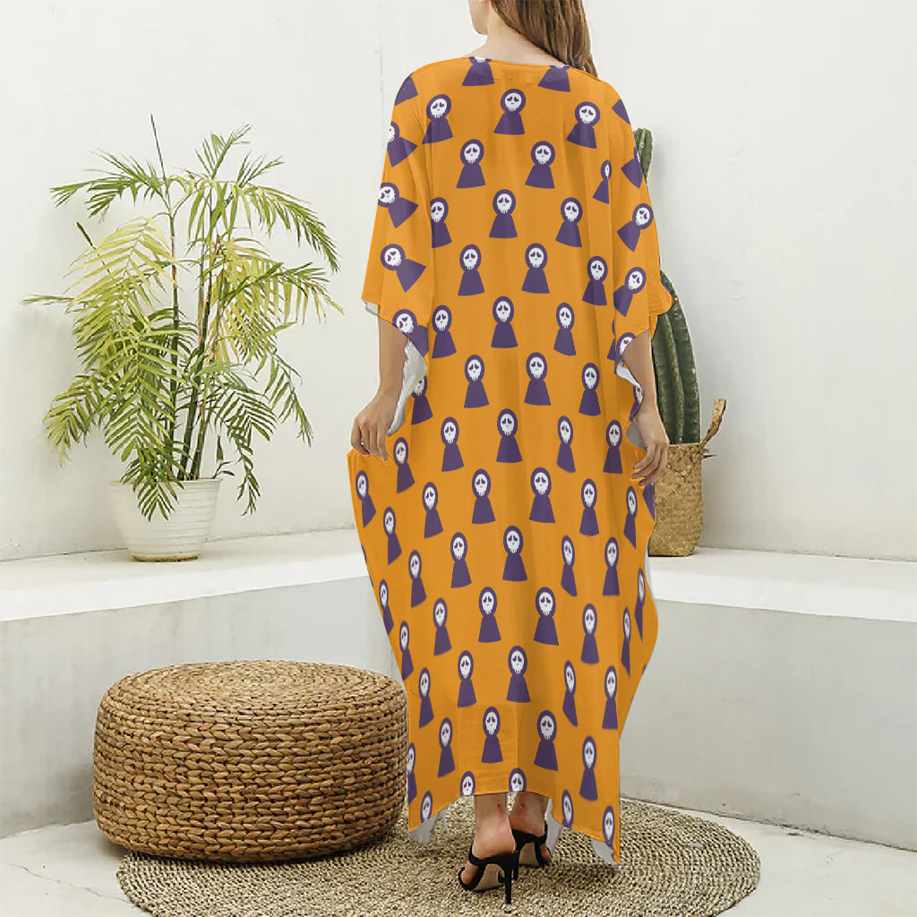 Halloween Grim Reaper Pattern Print Silk V-Neck Kaftan Dress
