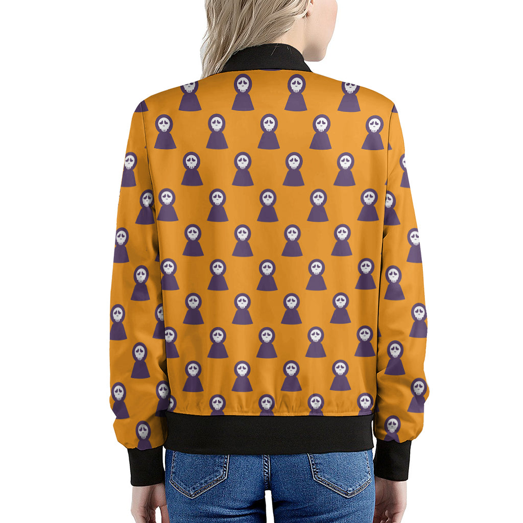 Halloween Grim Reaper Pattern Print Women's Bomber Jacket