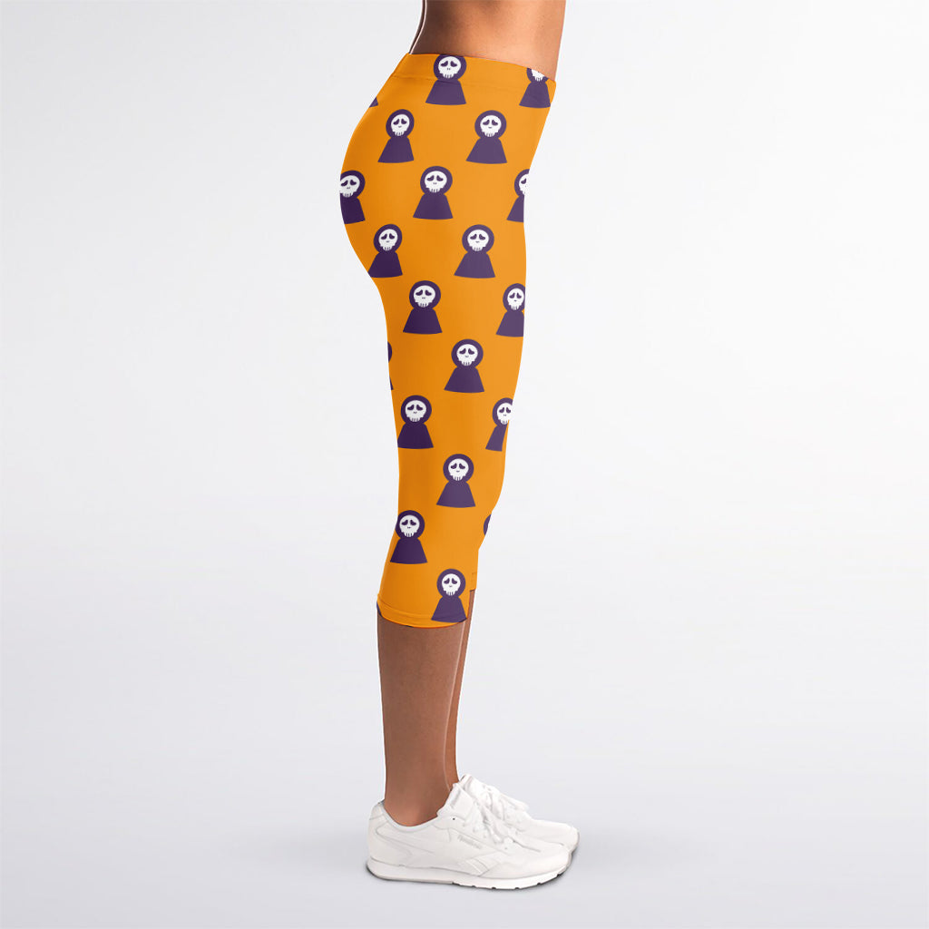 Halloween Grim Reaper Pattern Print Women's Capri Leggings