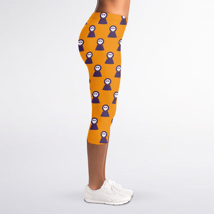 Halloween Grim Reaper Pattern Print Women's Capri Leggings