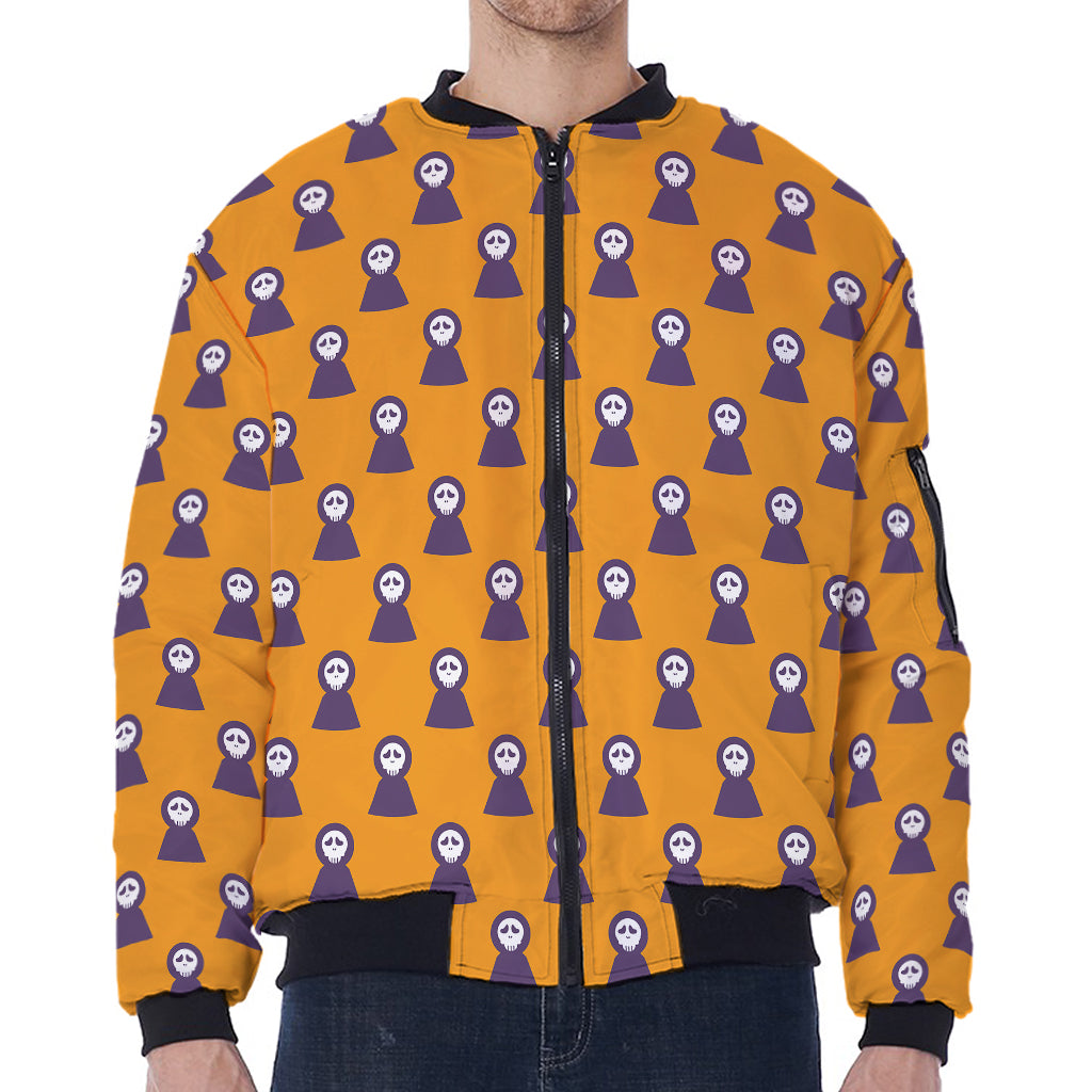 Halloween Grim Reaper Pattern Print Zip Sleeve Bomber Jacket