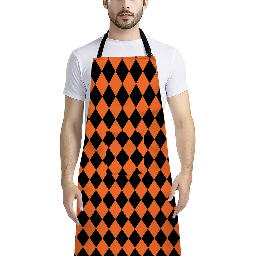 Halloween Harlequin Pattern Print Bib Apron With Pocket