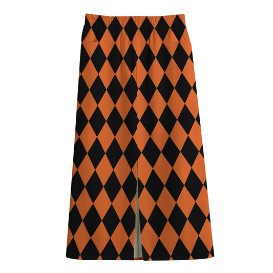 Halloween Harlequin Pattern Print Cotton Front Slit Maxi Skirt