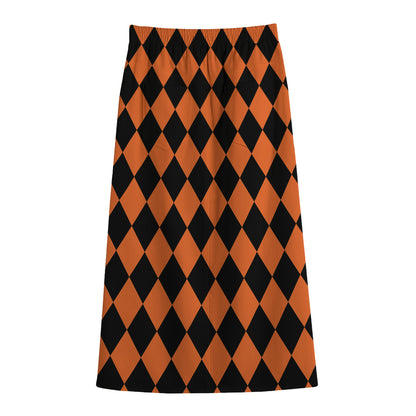 Halloween Harlequin Pattern Print Cotton Front Slit Maxi Skirt