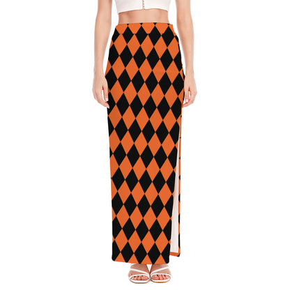 Halloween Harlequin Pattern Print High Slit Maxi Skirt
