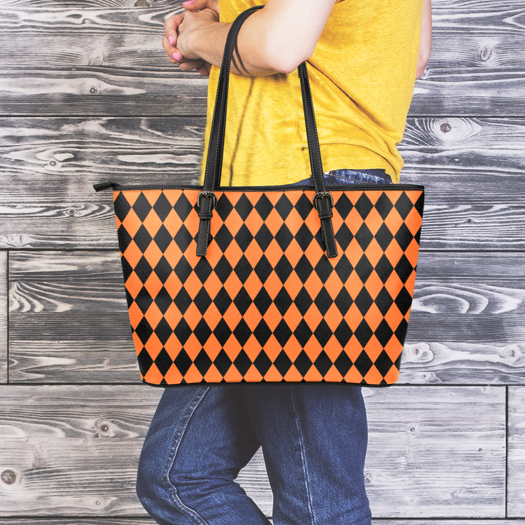 Halloween Harlequin Pattern Print Leather Tote Bag
