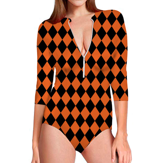 Halloween Harlequin Pattern Print Long Sleeve Swimsuit