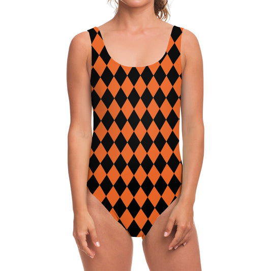 Halloween Harlequin Pattern Print One Piece Swimsuit