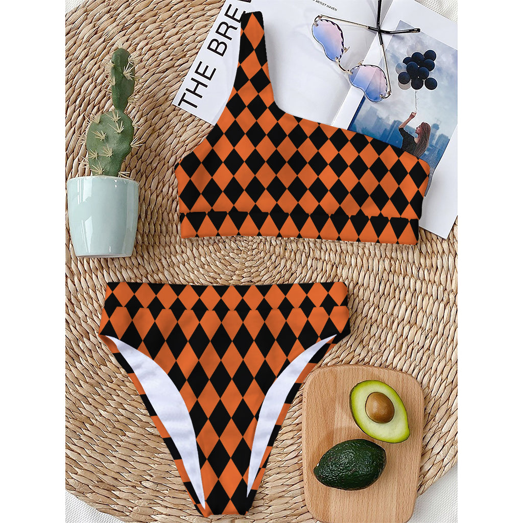 Halloween Harlequin Pattern Print One Shoulder Bikini Top