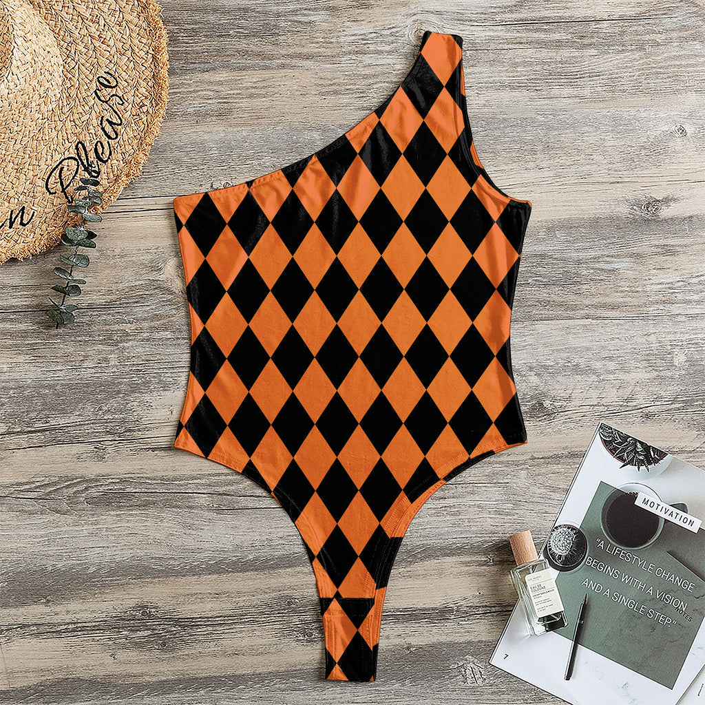 Halloween Harlequin Pattern Print One Shoulder Bodysuit
