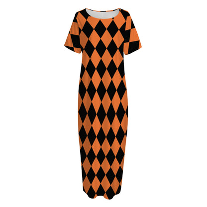 Halloween Harlequin Pattern Print Short Sleeve Long Nightdress