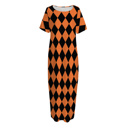 Halloween Harlequin Pattern Print Short Sleeve Long Nightdress