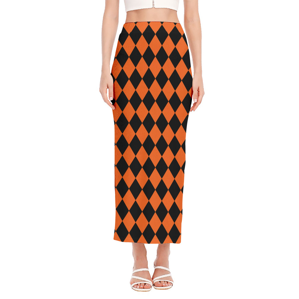 Halloween Harlequin Pattern Print Side Slit Maxi Skirt