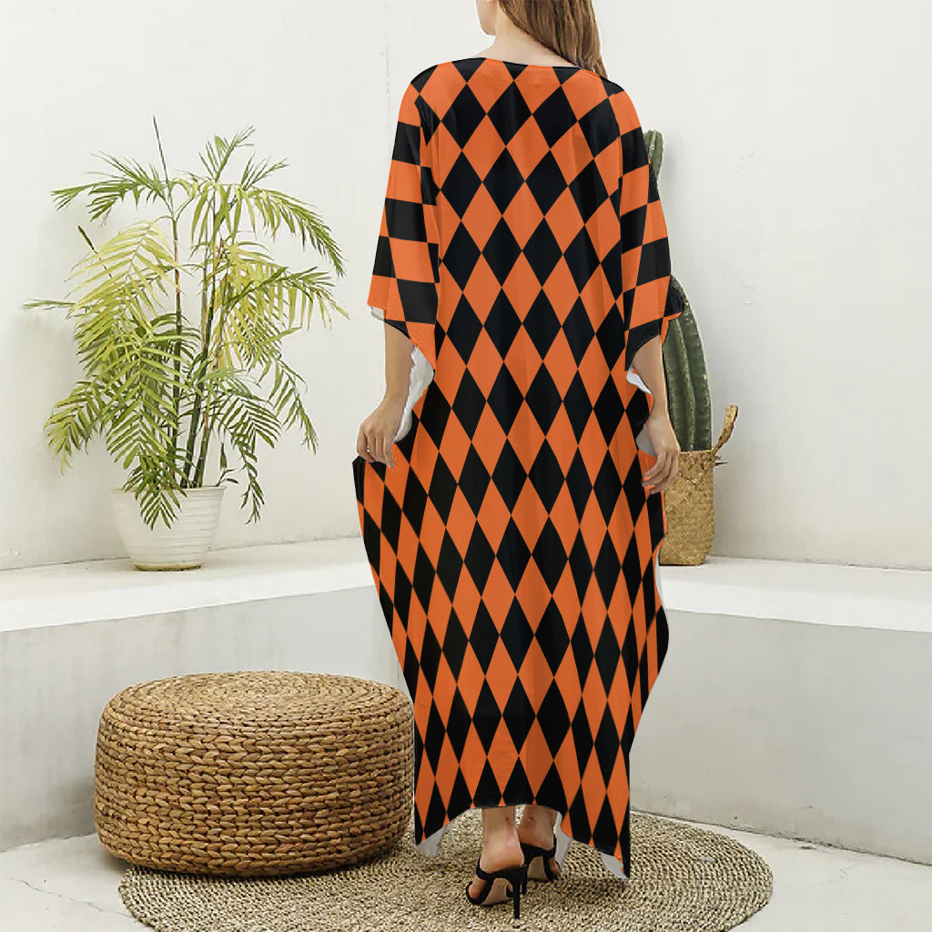 Halloween Harlequin Pattern Print Silk V-Neck Kaftan Dress