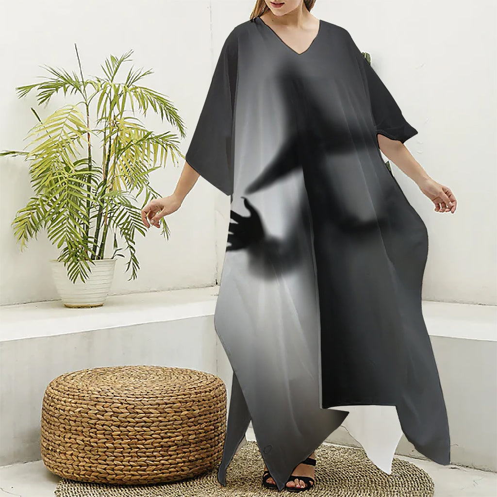 Halloween Horror Witch Print Silk V-Neck Kaftan Dress