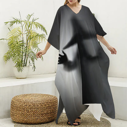 Halloween Horror Witch Print Silk V-Neck Kaftan Dress