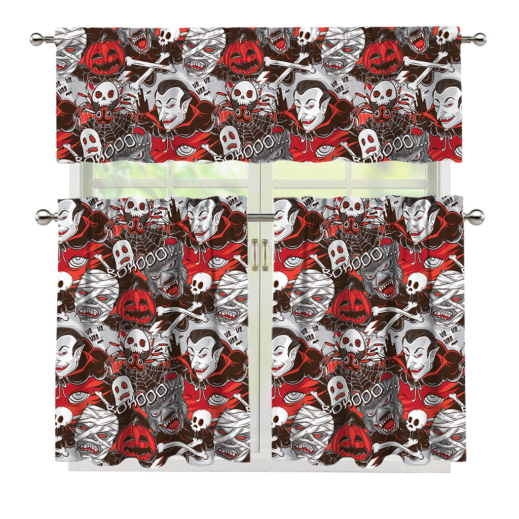 Halloween Monsters Pattern Print 3 Piece Kitchen Curtains