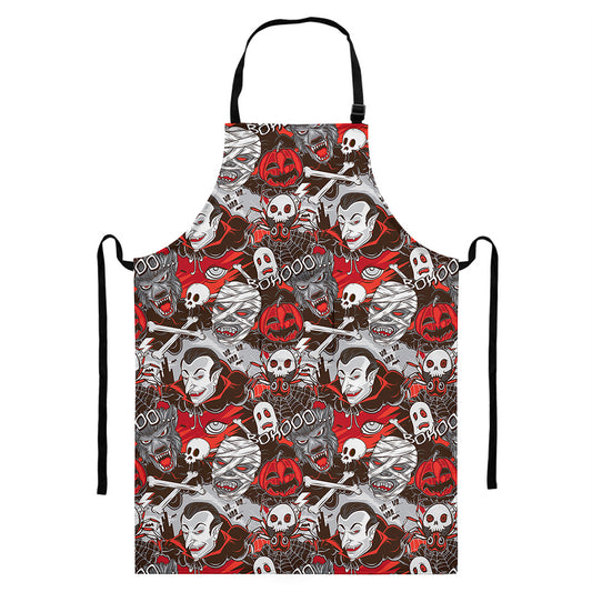 Halloween Monsters Pattern Print Bib Apron With Pocket