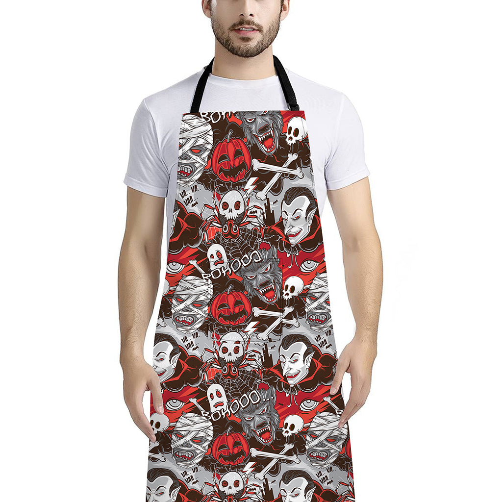 Halloween Monsters Pattern Print Bib Apron With Pocket
