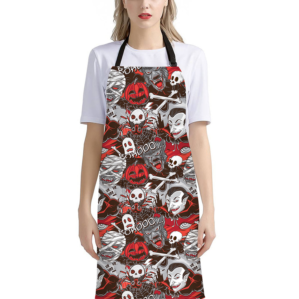 Halloween Monsters Pattern Print Bib Apron With Pocket