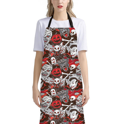 Halloween Monsters Pattern Print Bib Apron With Pocket