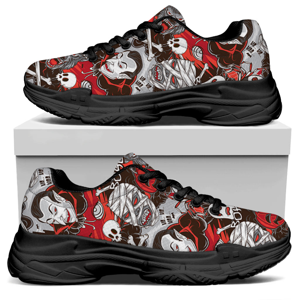 Halloween Monsters Pattern Print Black Chunky Shoes