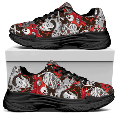Halloween Monsters Pattern Print Black Chunky Shoes
