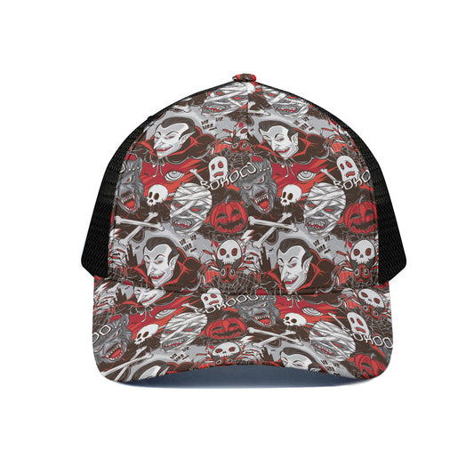 Halloween Monsters Pattern Print Black Mesh Trucker Cap