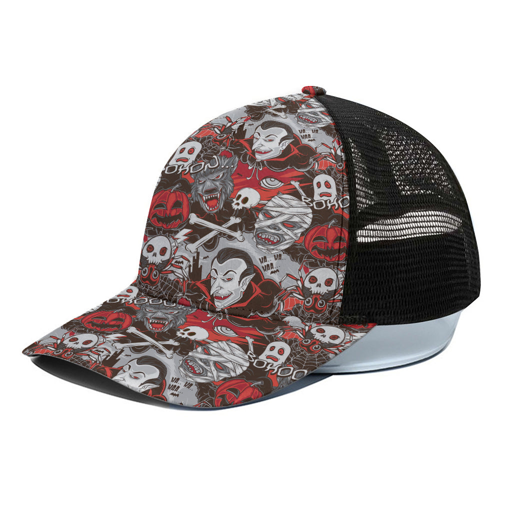Halloween Monsters Pattern Print Black Mesh Trucker Cap