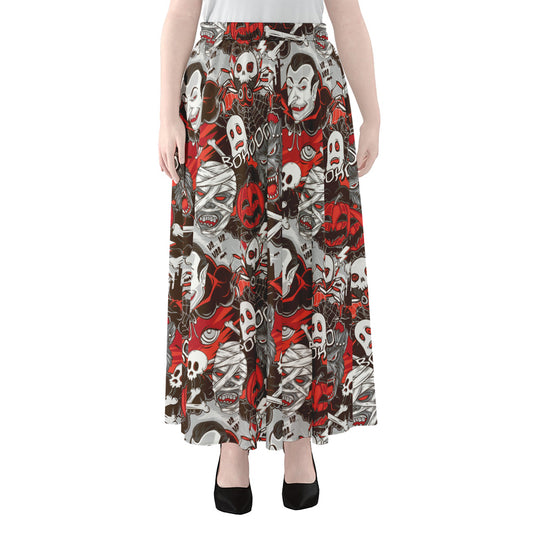 Halloween Monsters Pattern Print Chiffon Maxi Skirt
