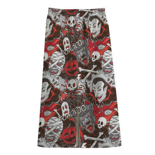 Halloween Monsters Pattern Print Cotton Front Slit Maxi Skirt