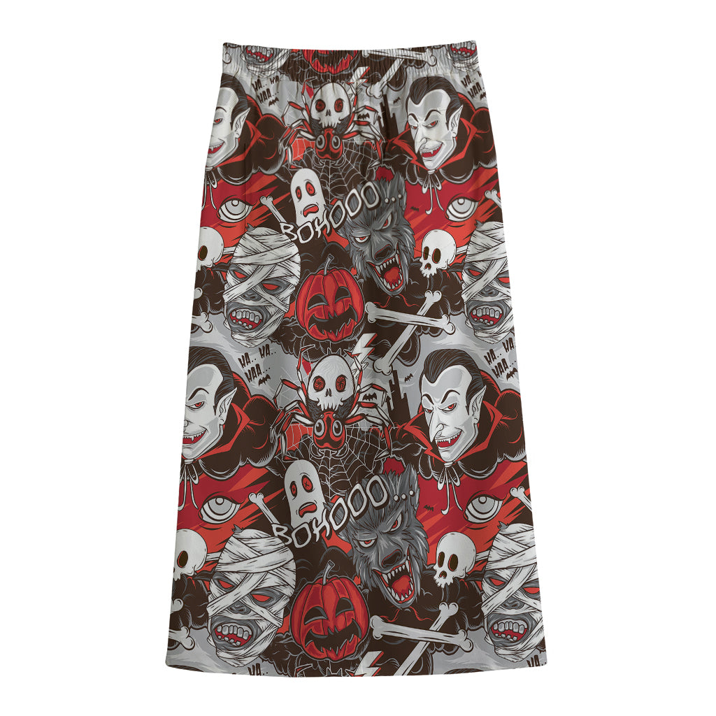 Halloween Monsters Pattern Print Cotton Front Slit Maxi Skirt