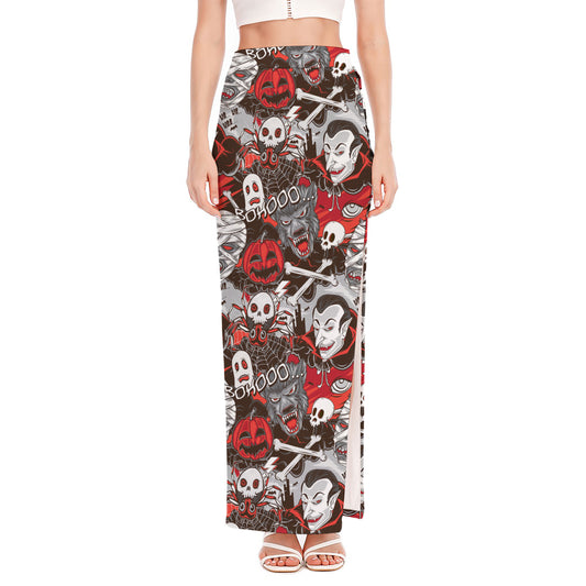 Halloween Monsters Pattern Print High Slit Maxi Skirt