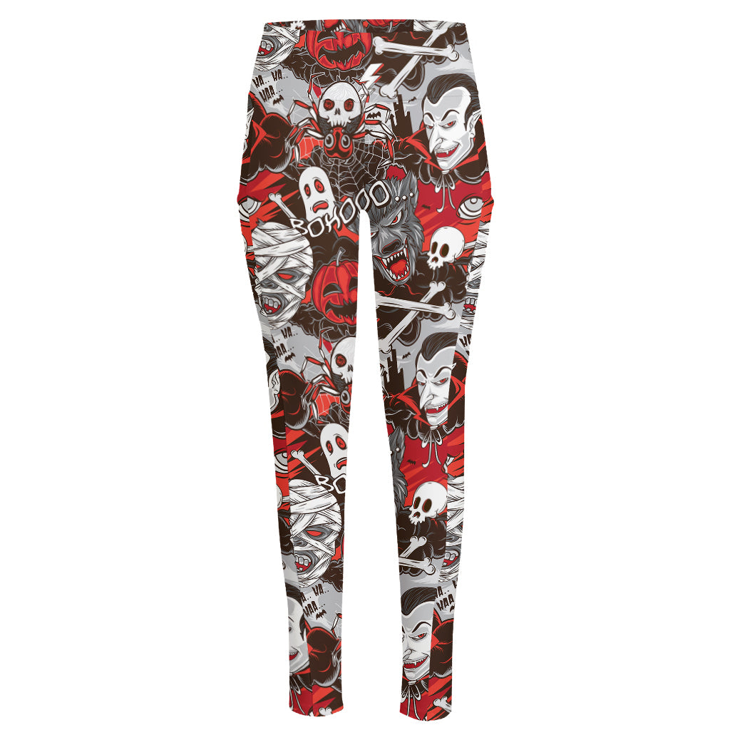 Halloween Monsters Pattern Print High-Waisted Pocket Leggings