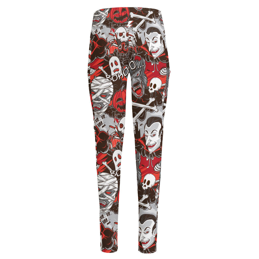 Halloween Monsters Pattern Print High-Waisted Pocket Leggings