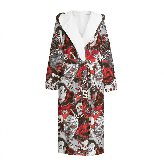 Halloween Monsters Pattern Print Hooded Bathrobe