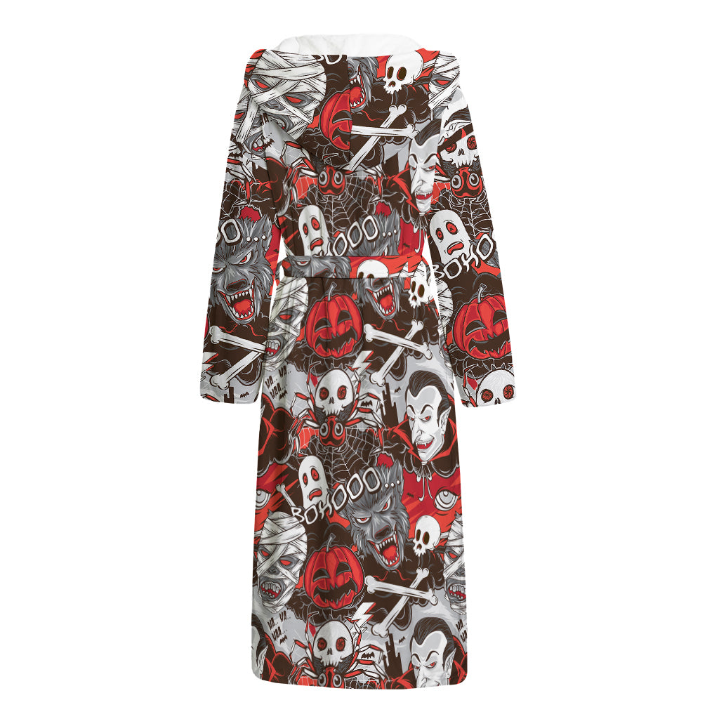 Halloween Monsters Pattern Print Hooded Bathrobe