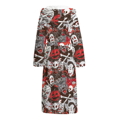 Halloween Monsters Pattern Print Hooded Bathrobe