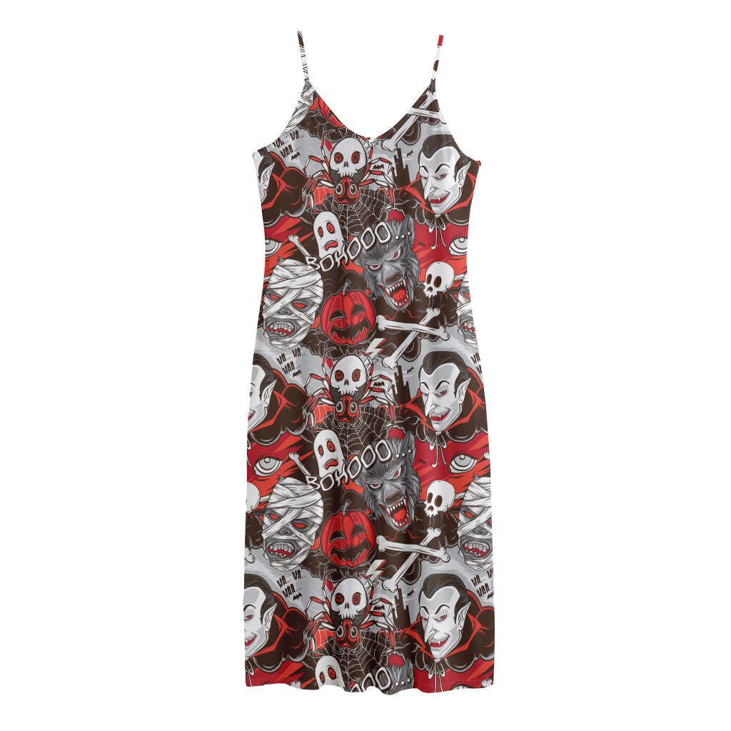 Halloween Monsters Pattern Print Jersey Midi Cami Dress