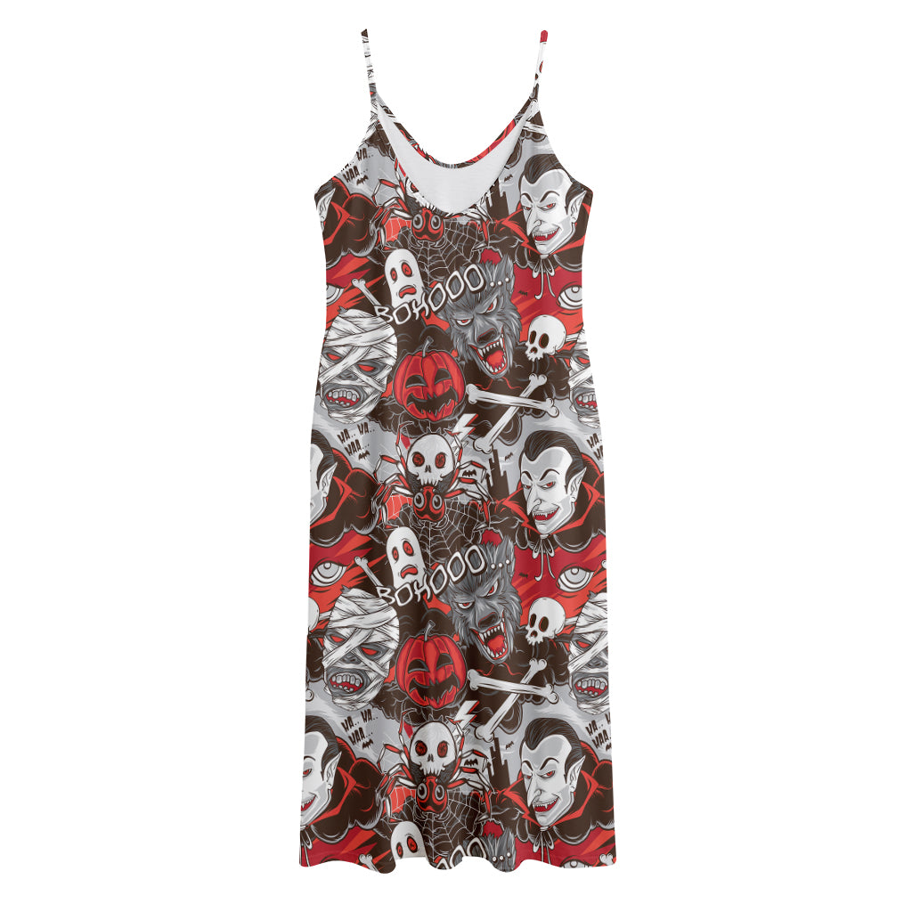 Halloween Monsters Pattern Print Jersey Midi Cami Dress