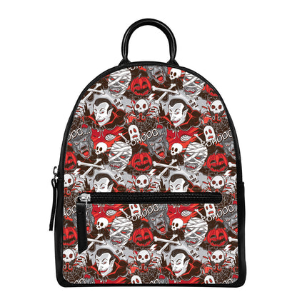 Halloween Monsters Pattern Print Leather Backpack