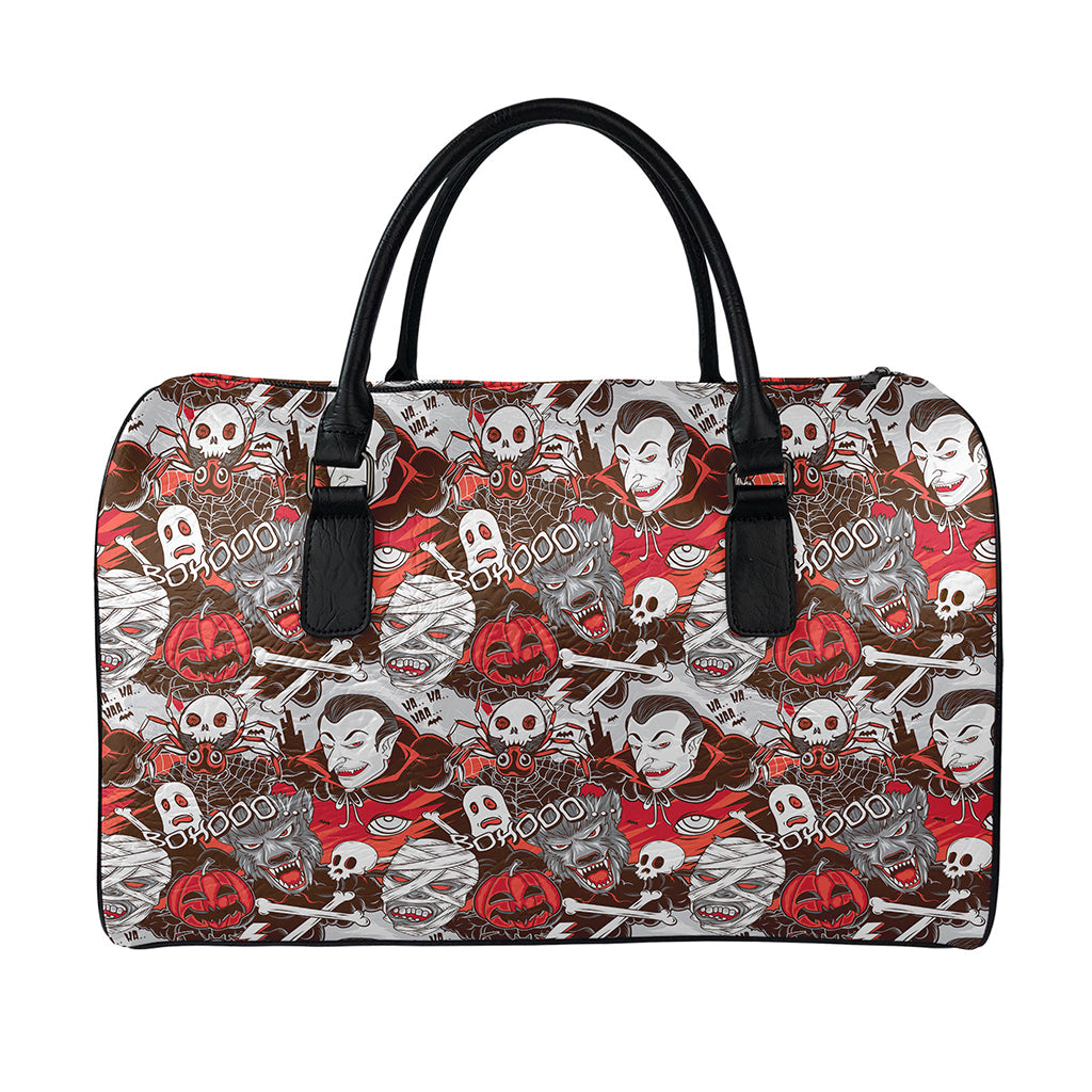 Halloween Monsters Pattern Print Leather Duffle Bag