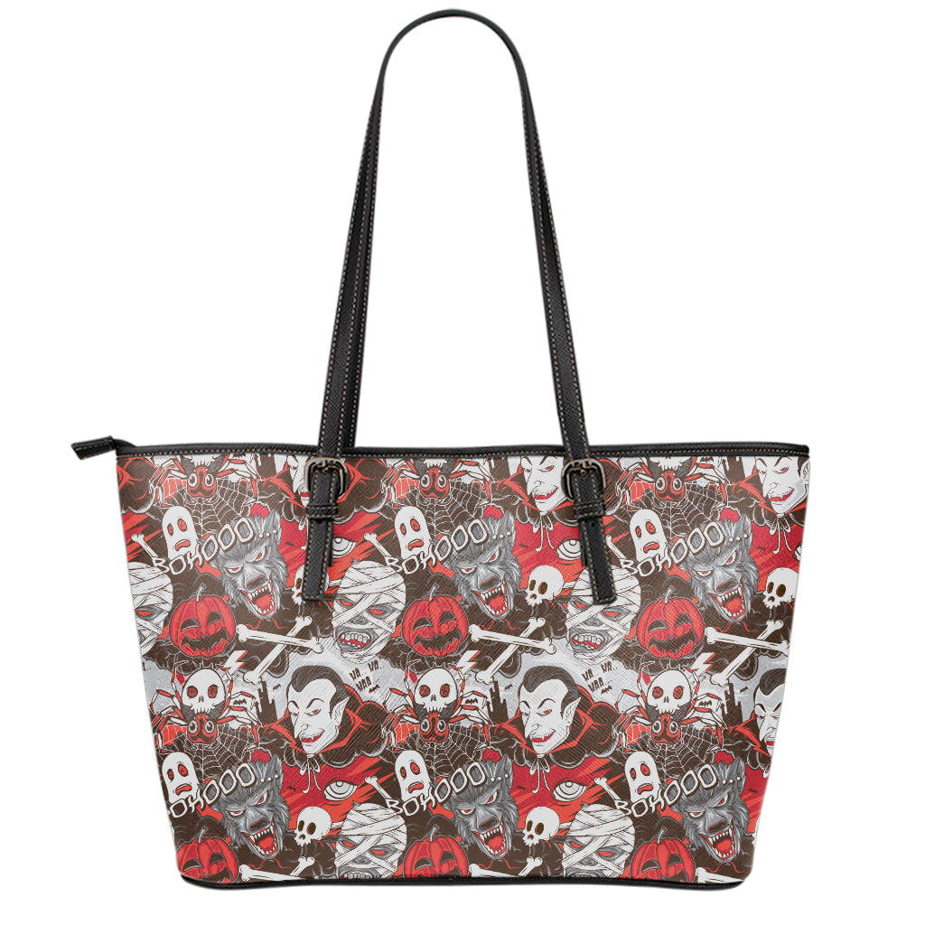 Halloween Monsters Pattern Print Leather Tote Bag
