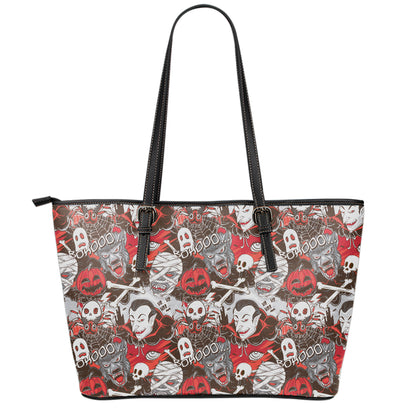 Halloween Monsters Pattern Print Leather Tote Bag