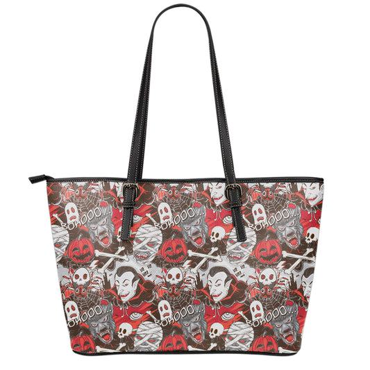 Halloween Monsters Pattern Print Leather Tote Bag