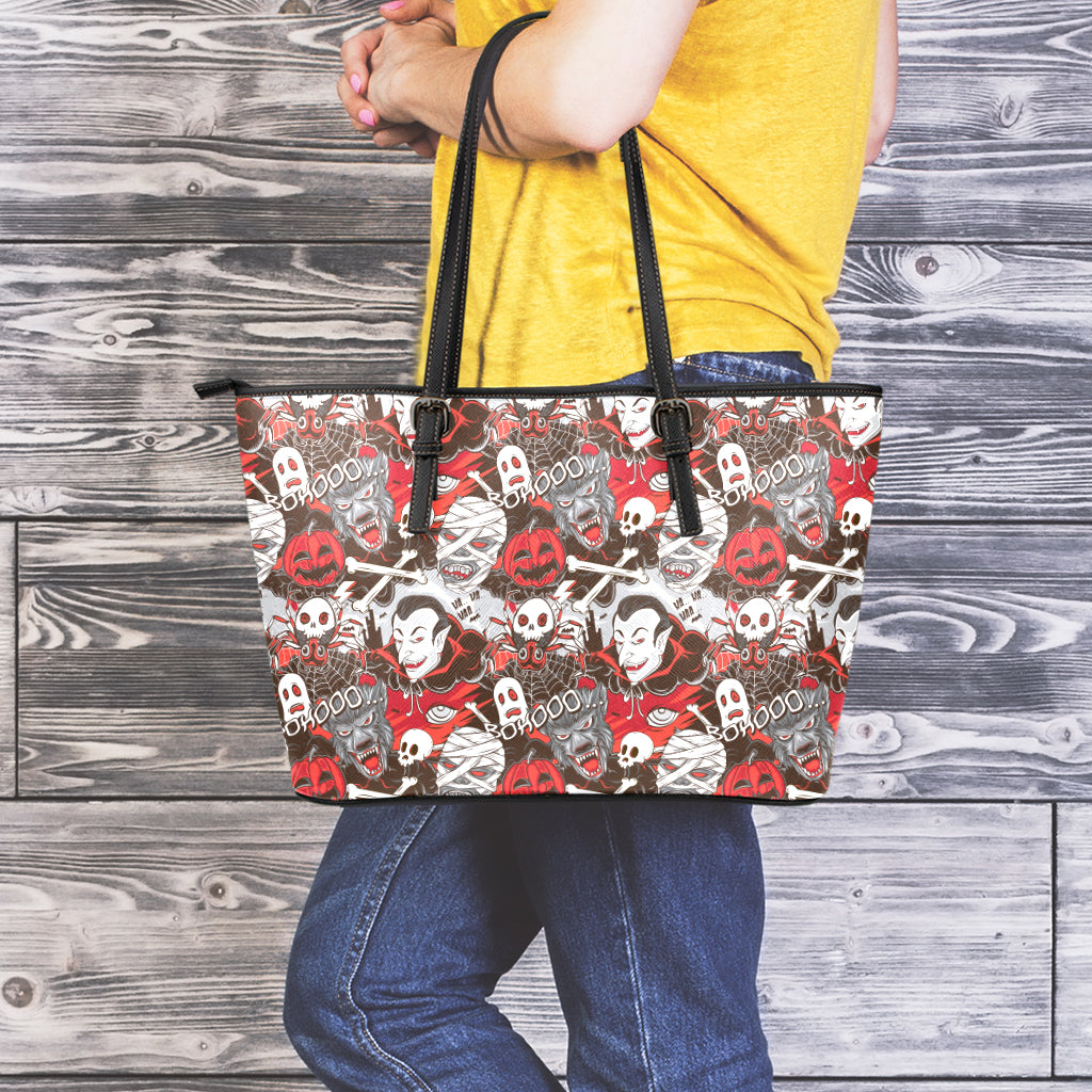 Halloween Monsters Pattern Print Leather Tote Bag
