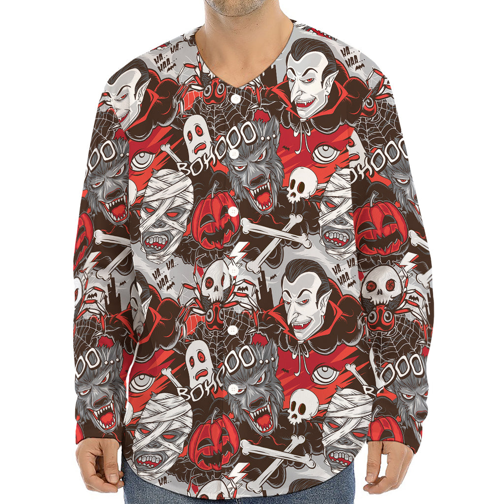 Halloween Monsters Pattern Print Long Sleeve Baseball Jersey